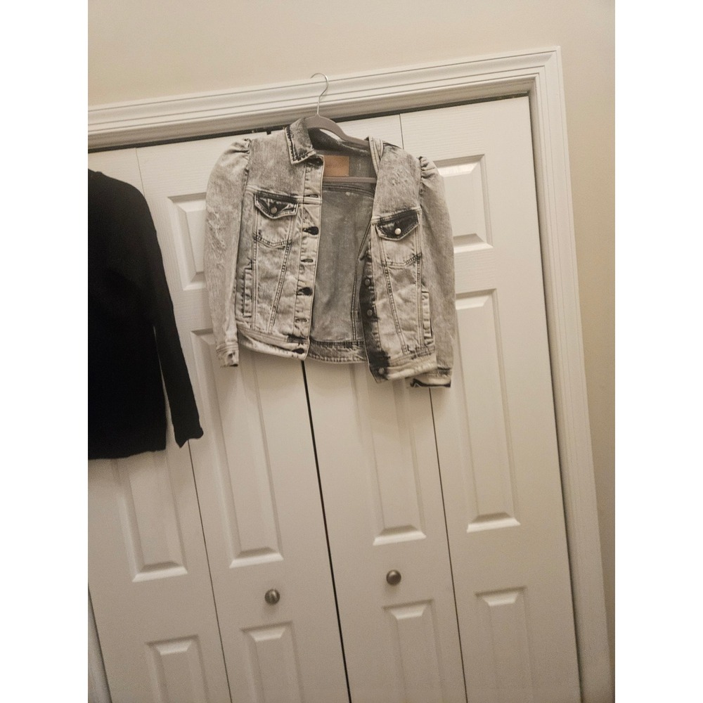 Retrofete Puff Sleeve Acid Wash Denim Jacket Gray Distressed Small